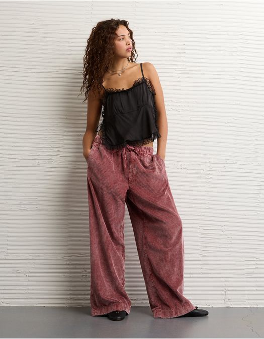Pantalón Baggy de Pierna Ancha de Pana Elástica de Tiro Bajo.