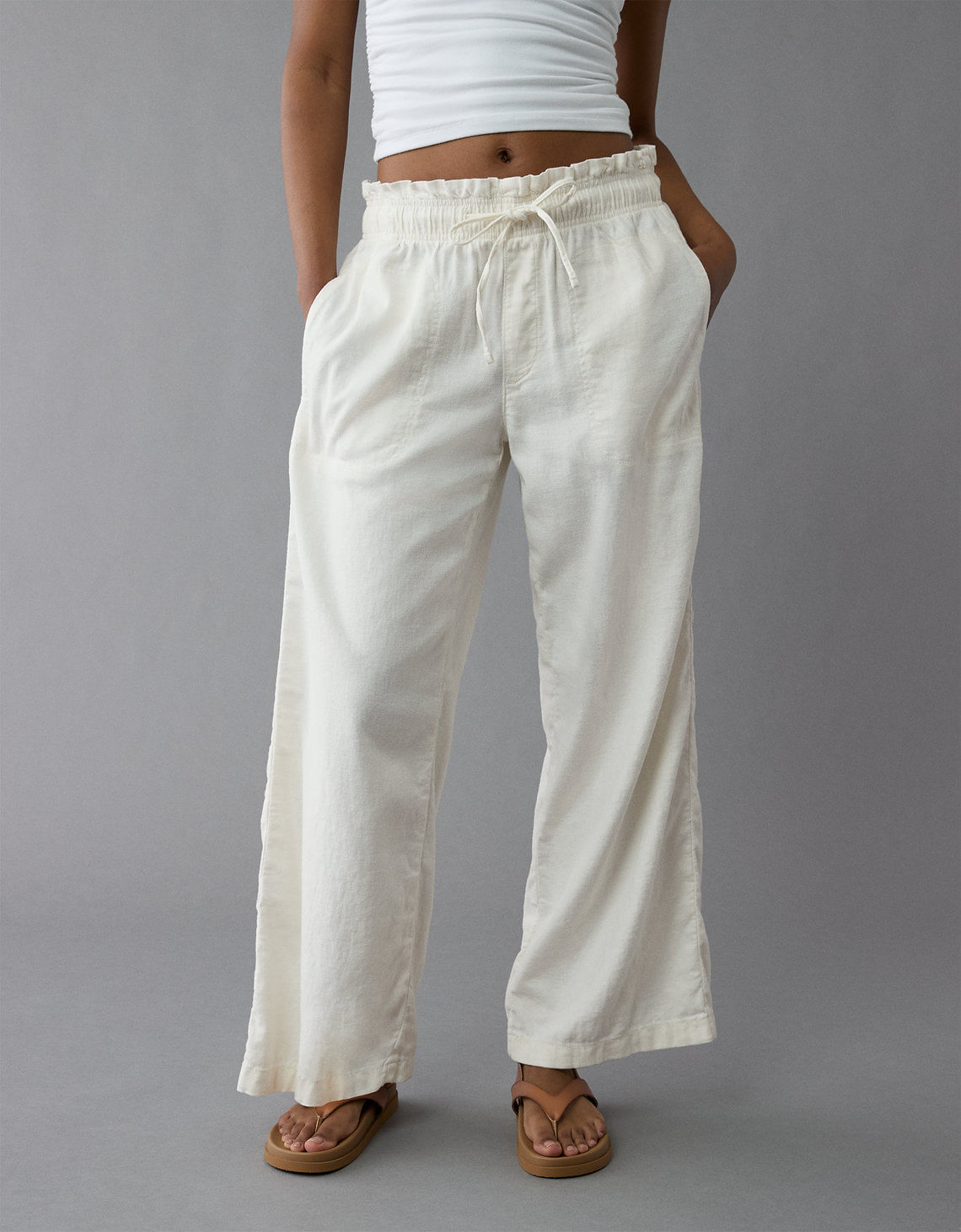 Pantalón de Lino con Drapeado Soñado y Cintura Elástica