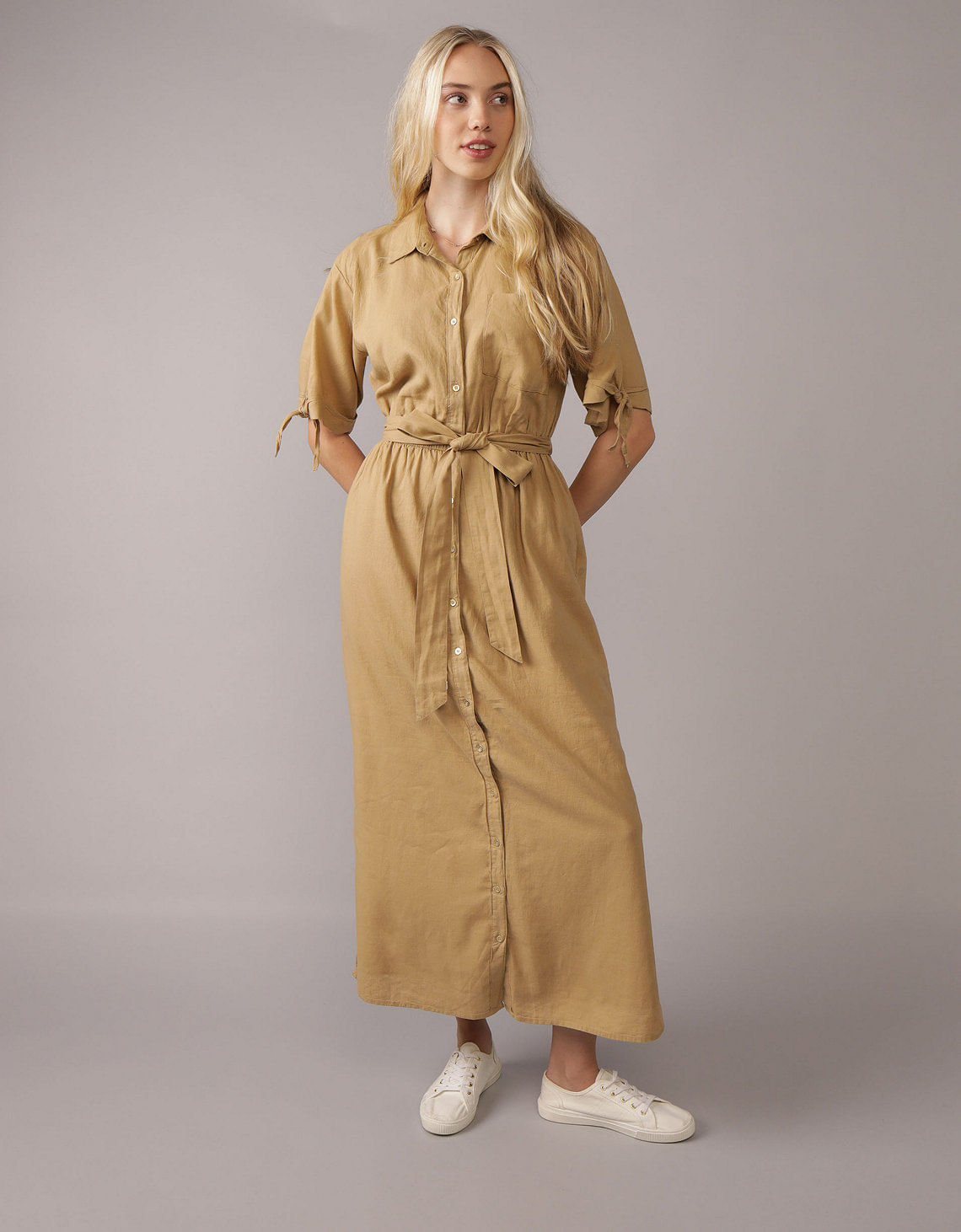 Vestido Camisero Midi Manga Corta para Mujer