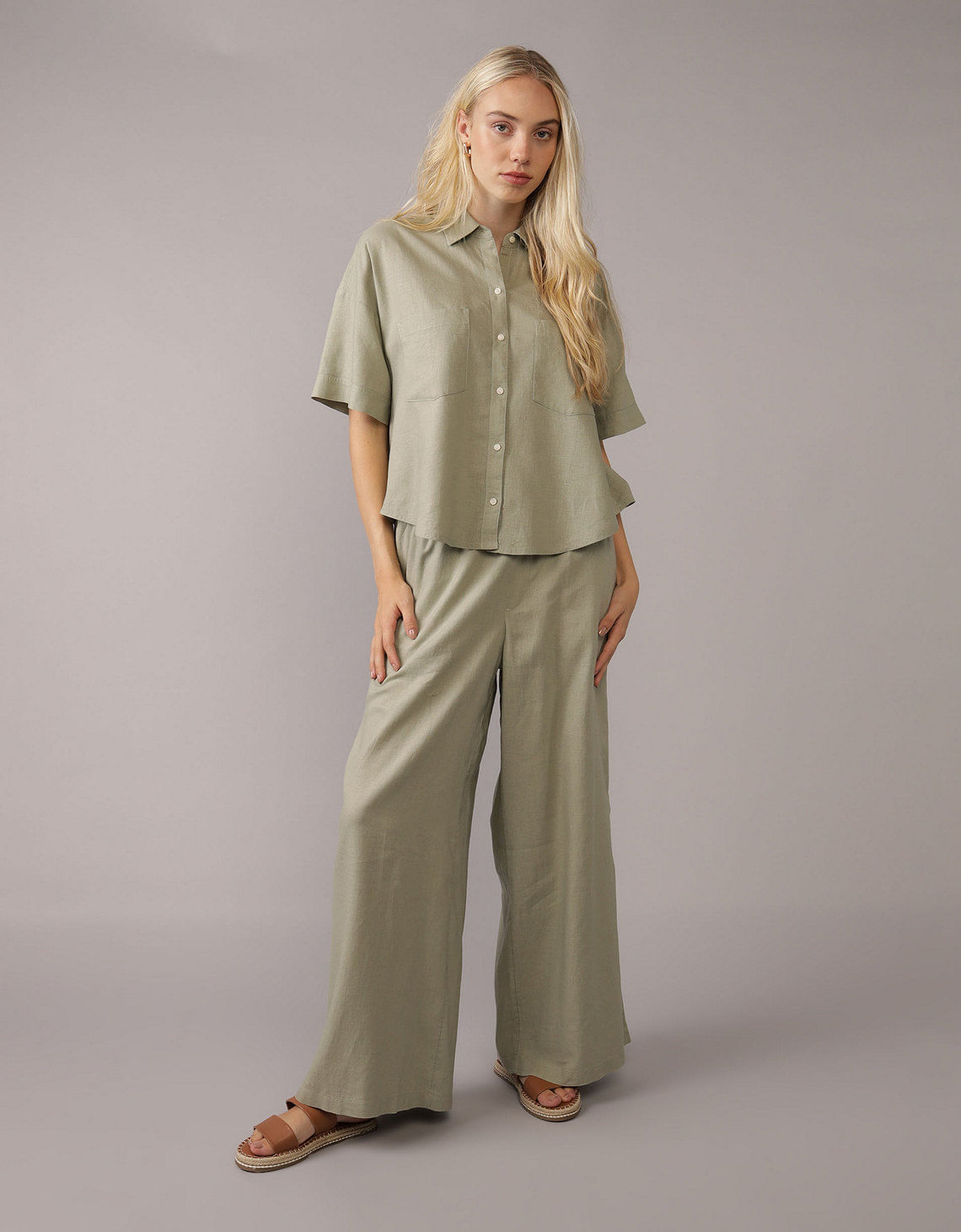 Pantalón en Mezcla de Lino con Pretina Elástica para Mujer