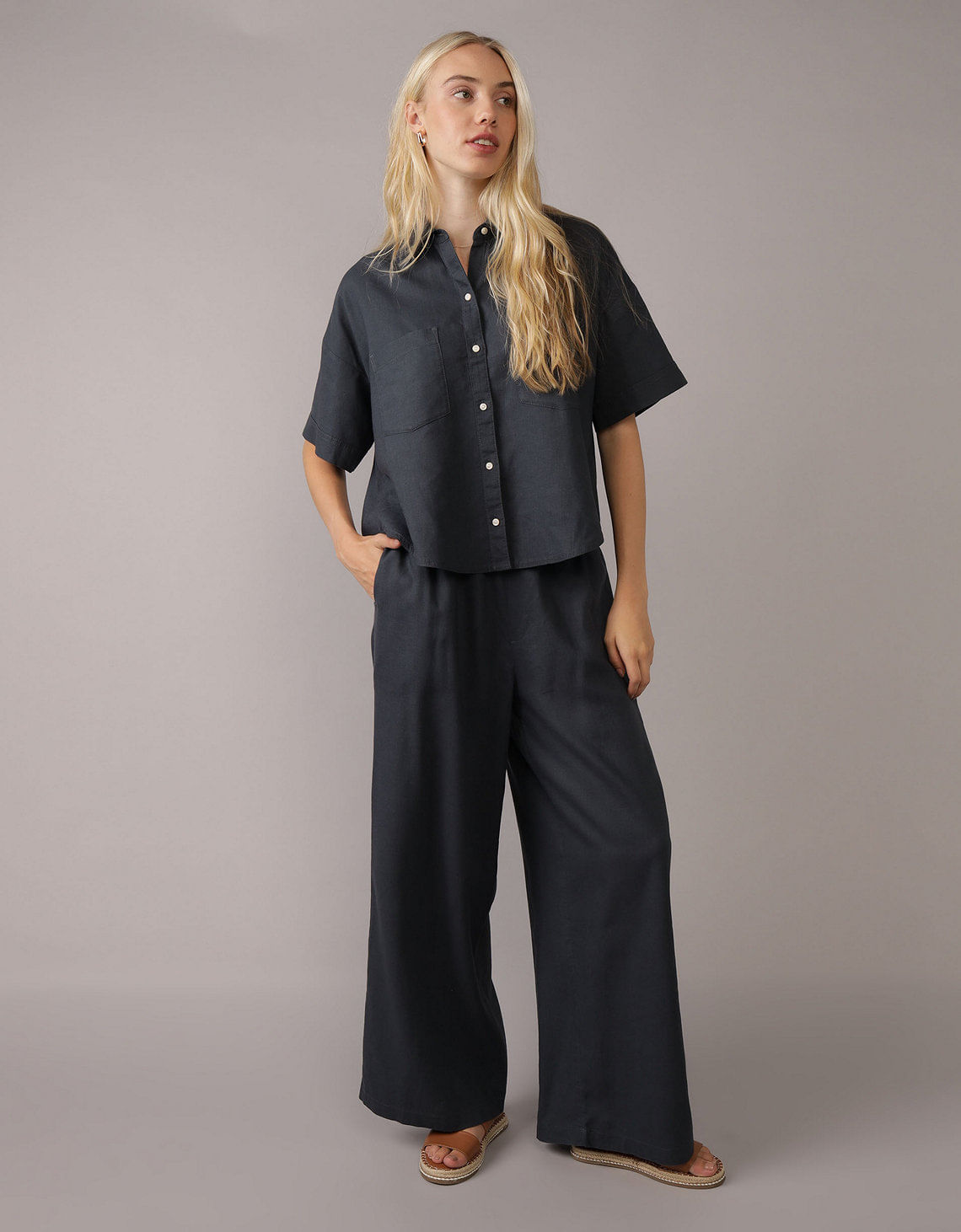 Pantalón en Mezcla de Lino con Pretina Elástica para Mujer