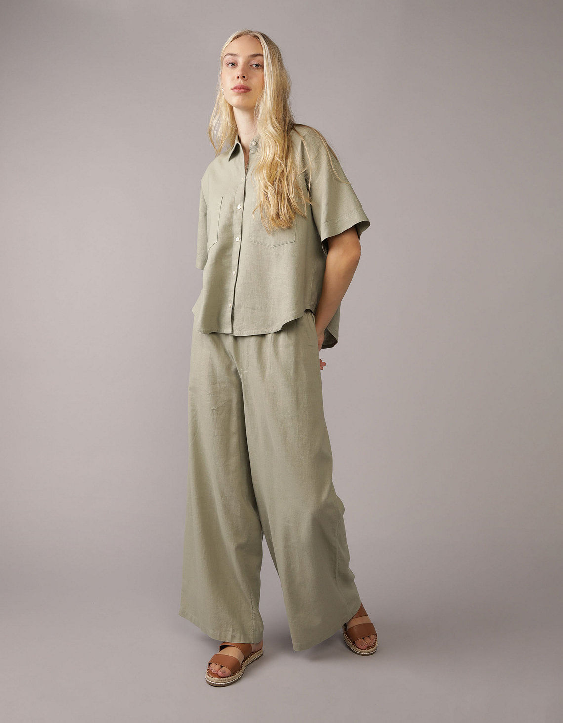 Camisa de Lino con Botones y Manga Corta para Mujer