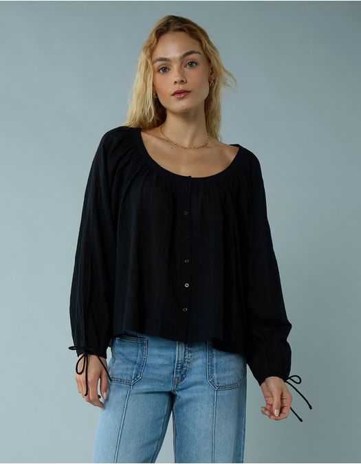 Blusa de Botones con Mangas de Lazo para Mujer
